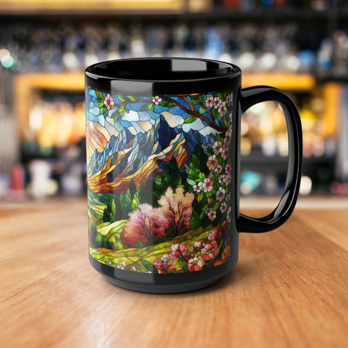 Faux Stained Glass Spring Mountain Coffee Mug | Nature Inspired | Outdoor Design | Gift for Nature Lover Coffee Mug 11oz, 15 oz