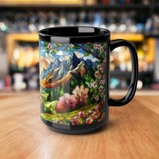 Faux Stained Glass Spring Mountain Coffee Mug | Nature Inspired | Outdoor Design | Gift for Nature Lover Coffee Mug 11oz, 15 oz
