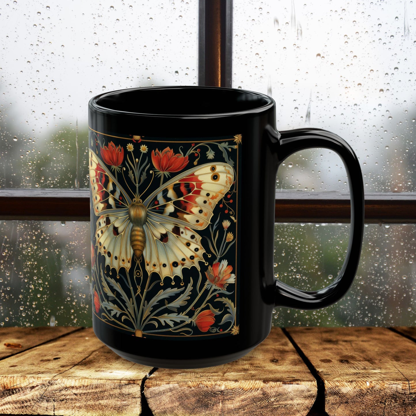 William Morris Inspired Botanical Night Butterfly Black Mug 11oz, 15 oz