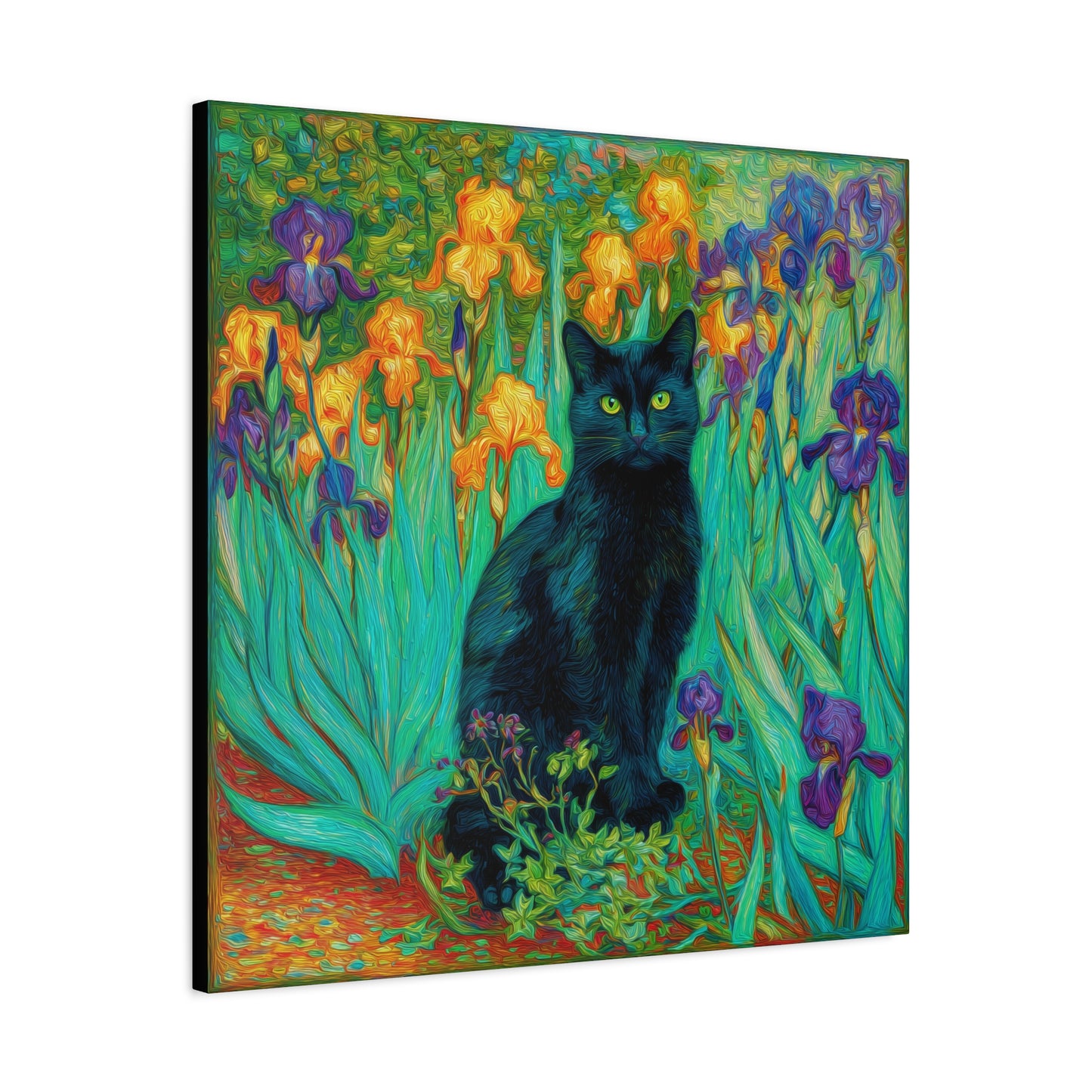 Black Cat Among Irises, Vibrant Floral Canvas Wall Art, Matte Stretched Canvas 1.25"