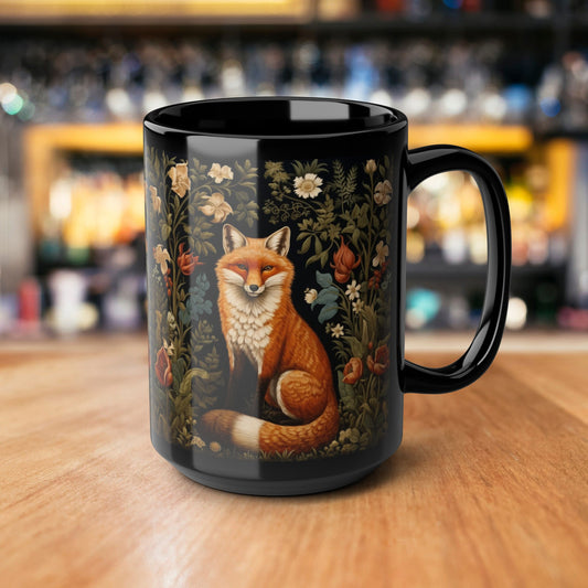 Botanical Floral Fox William Morris Inspired Black Mug (11oz ,15 oz), Gift for Nature Lovers, Coffee Tea Mug, Unique Kitchen Decor,