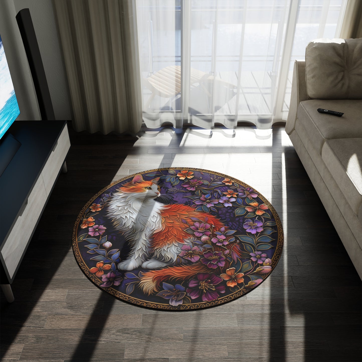 Art Nouveau Cat Cherry Blossom Round Area Rugs