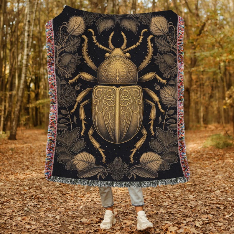 Ancient Golden Scarab Beetle Ornate Leaves And Flowers Woven Blankets