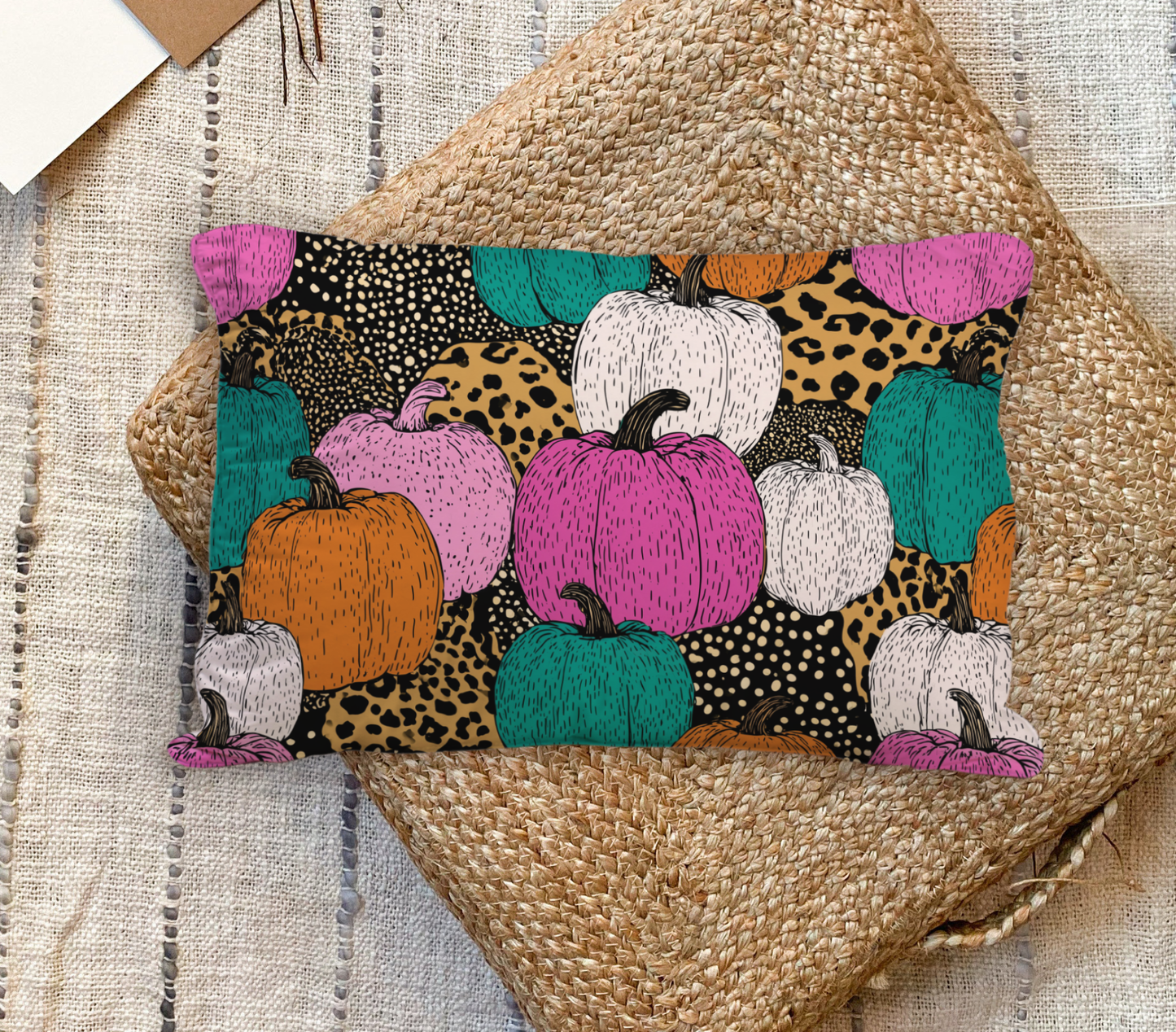 Colorful Pumpkin Lumbar Pillow, Leopard Print Fall Cushion, Halloween & Autumn Decorative Accent