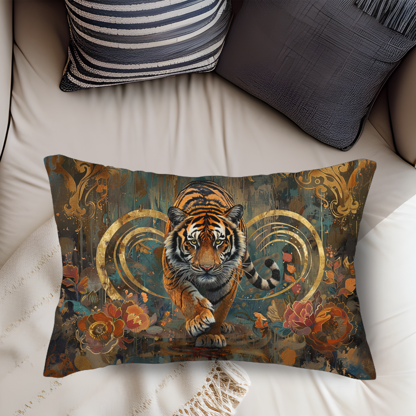 Art Deco Tiger William Morris Inspired Rectangle Lumbar Pillow, Throw Cushion for Home Decor, Animal Lover Gift, Unique Accent for Living Room, Bedroom