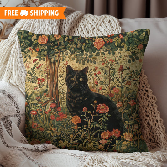 Vintage Black Cat Floral Garden Polyester Square Pillow, Art Deco Style Home Decor Pillow