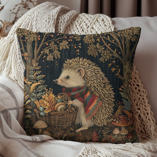 William Morris Inspired Hedgehog Gathering Fall Treasures Decorative Pillow | Vintage Cottage-core Pillow