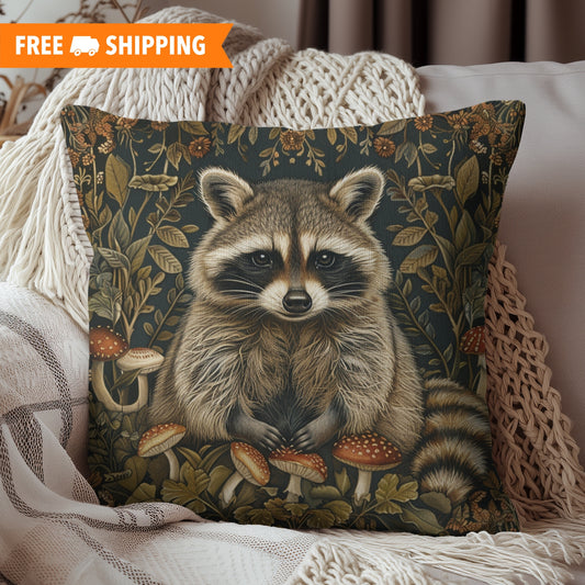 William Morris Inspired Woodland Raccoon Mushroom Decorative Pillow, Cottage-core Pillow