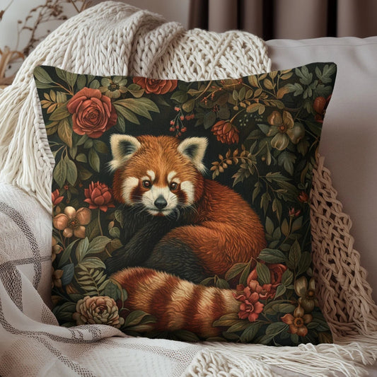 Botanical Red Panda Decorative Pillow Morris Inspired | Cottage-core Pillow