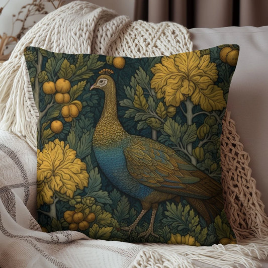 William Morris Inspired Wild Turkey Pillow: Botanical Cottagecore Decor