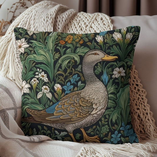 Botanical Duck Decorative Pillow William Morris Inspired | Cottage-core Pillow