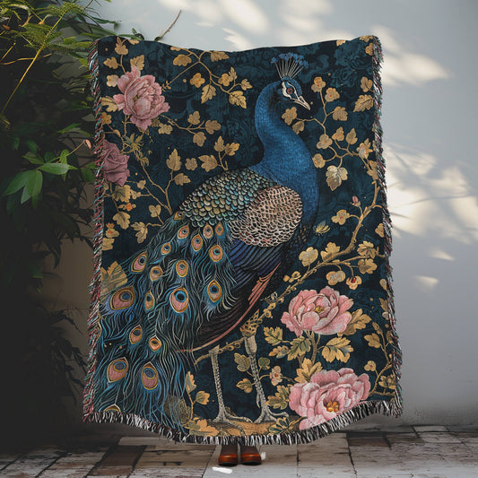 Art Deco Peacock William Morris Inspired Woven Blanket, Cozy Fall Home Decor Cotton Blanket