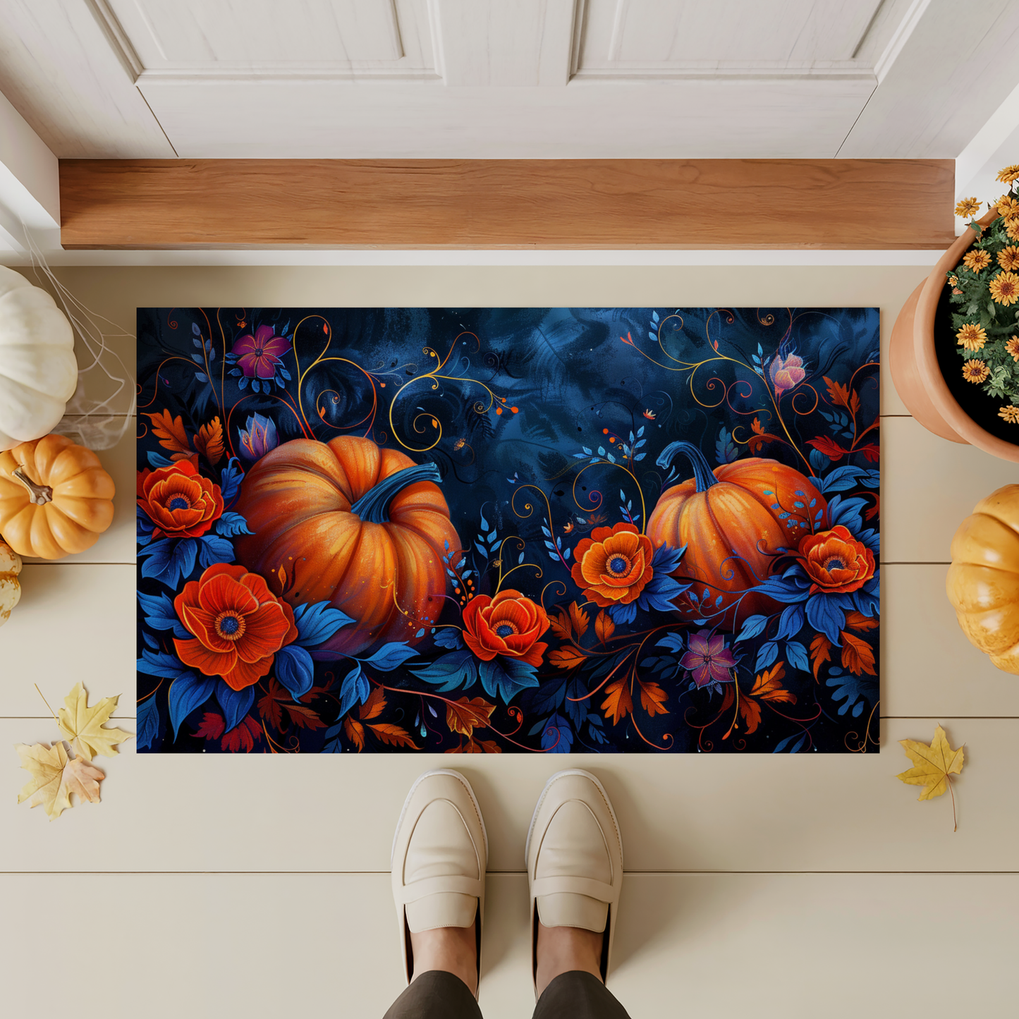 Autumn Pumpkin Floral Doormat, Fall Harvest Entry Rug with Vibrant Seasonal Design, Indoor Outdoor Decor