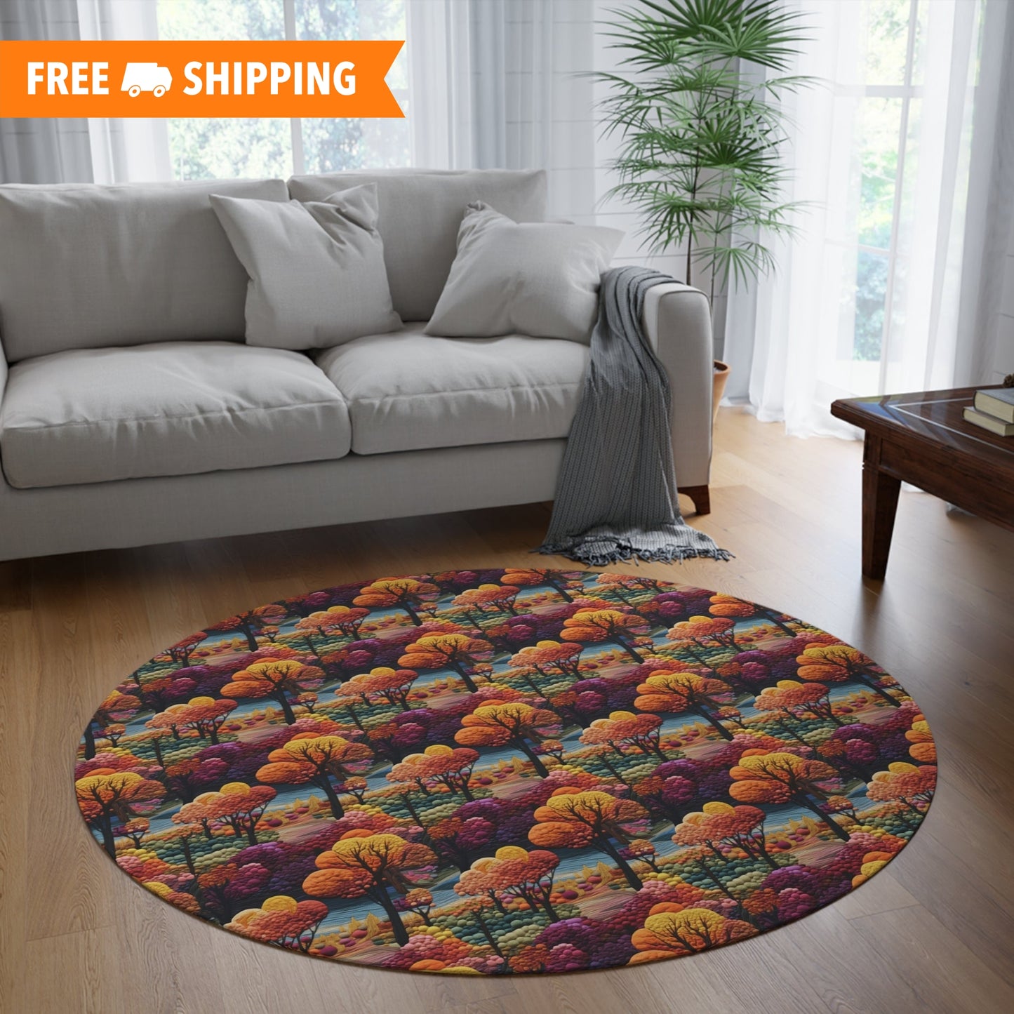 Fall Autumn Embroidery Seamless Pattern Round Area Rug, Housewarming Gift