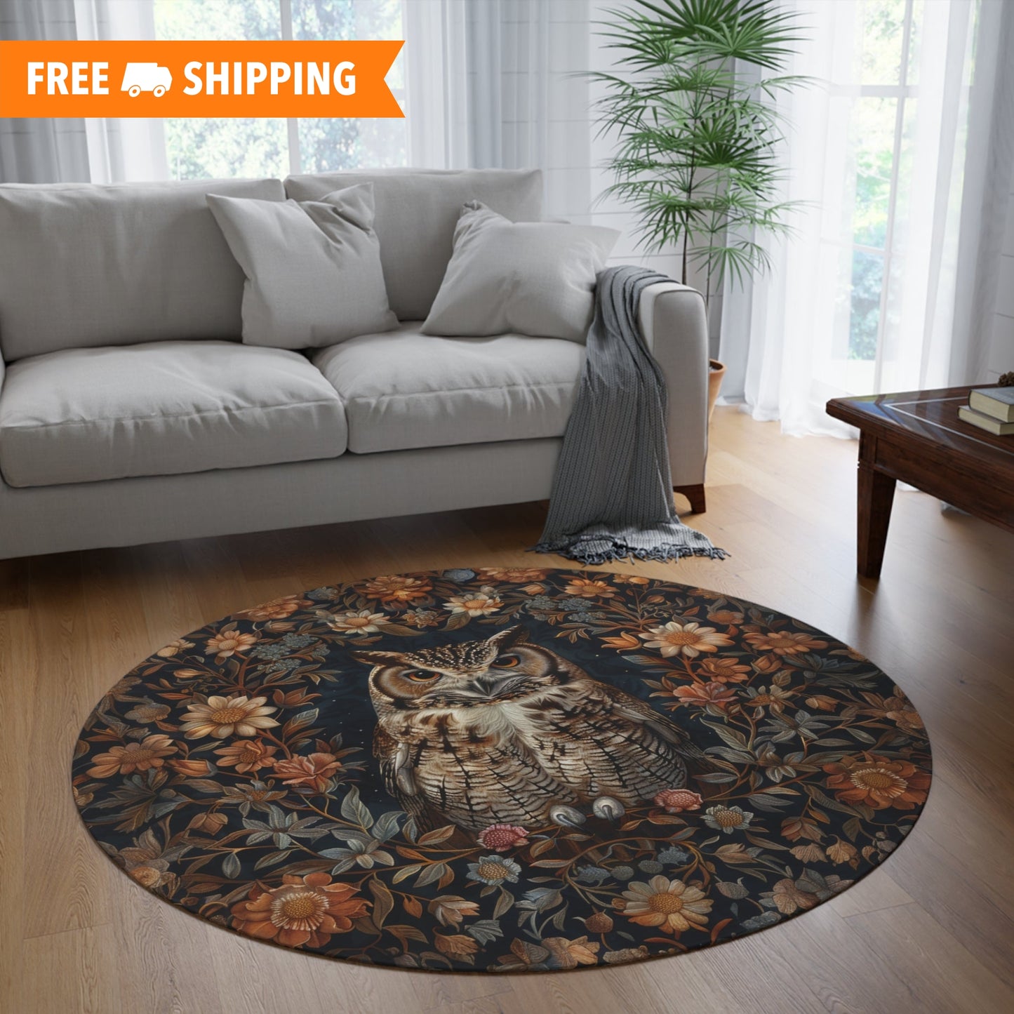Botanical Screech Owl Round Rug, William Morris Inspired Owl Home Decor, Owl Round Area Rug