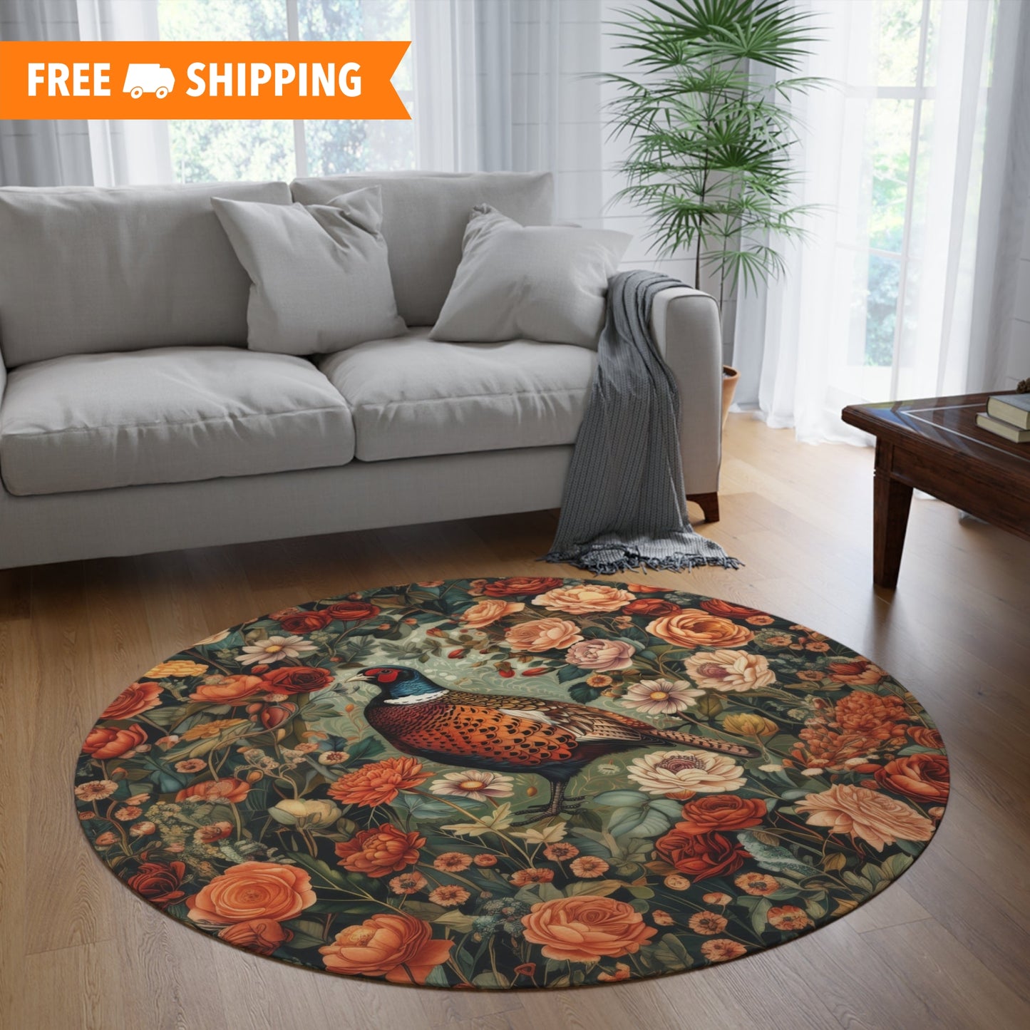 Pheasant Floral Garden, Art Deco Style Home Decor, Pheasant Round Area Rug, Living Room Fall Season Area Rug Decor