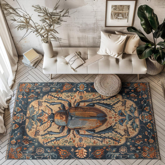 Scarab Beetle Rectangle Area Rug, Vintage Persian Living Room Floor Carpet, Insect Lover Room Decor, Housewarming Gift