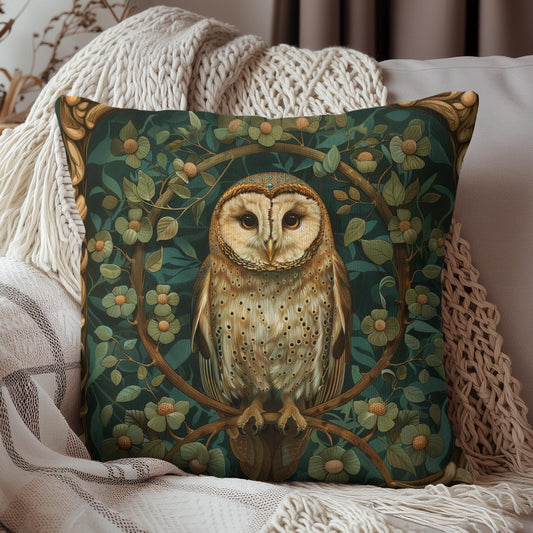 Woodland Owl Square Pillow, Cottagecore Forest Decor, William Morris Inspired Cushion, Home Decor Accent