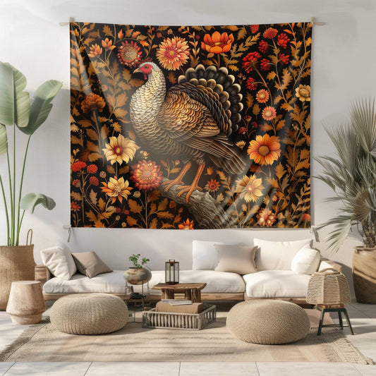 Tapestry of Turkey Fall Autumn Botanical William Morris Inspired Tapestry Wall Art | Cottagecore Hanging and Home Decor