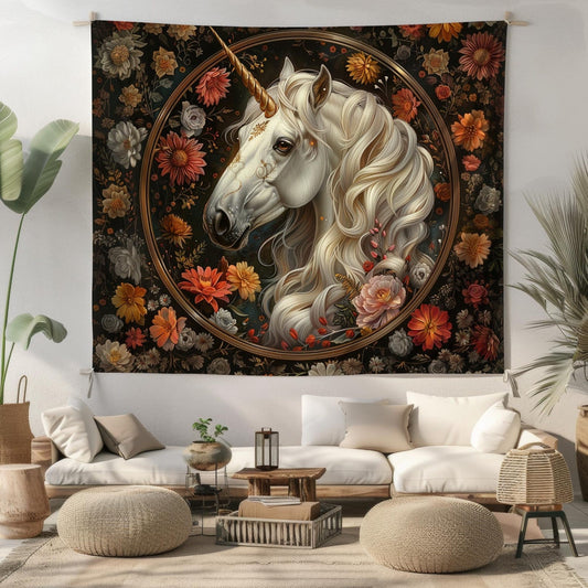 Tapestry of Whimsical White Unicorn Botanical William Morris Inspired Tapestry Wall Art | Cottagecore Hanging and Home Decor