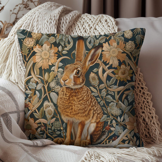 William Morris Inspired Hare Amidst Wildflowers Decorative Pillow, Vintage Home Decor, Gift for Nature Lovers, Cozy Throw Pillow,