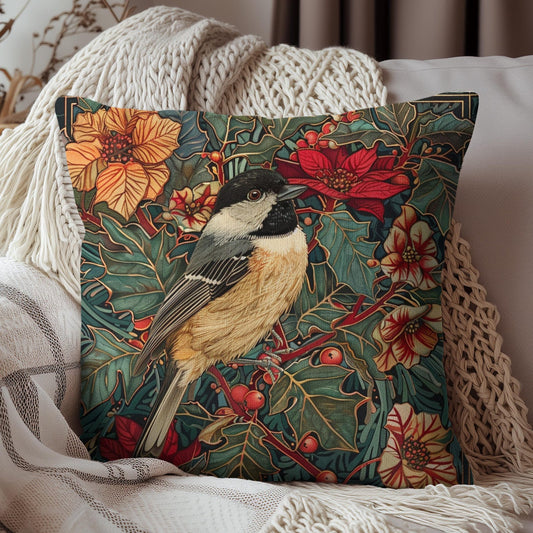 Chickadee Decorative Pillow, Vintage Home Decor, Spun Polyester Square Cushion, Winter Floral Throw Accent, Bird Lover Gift