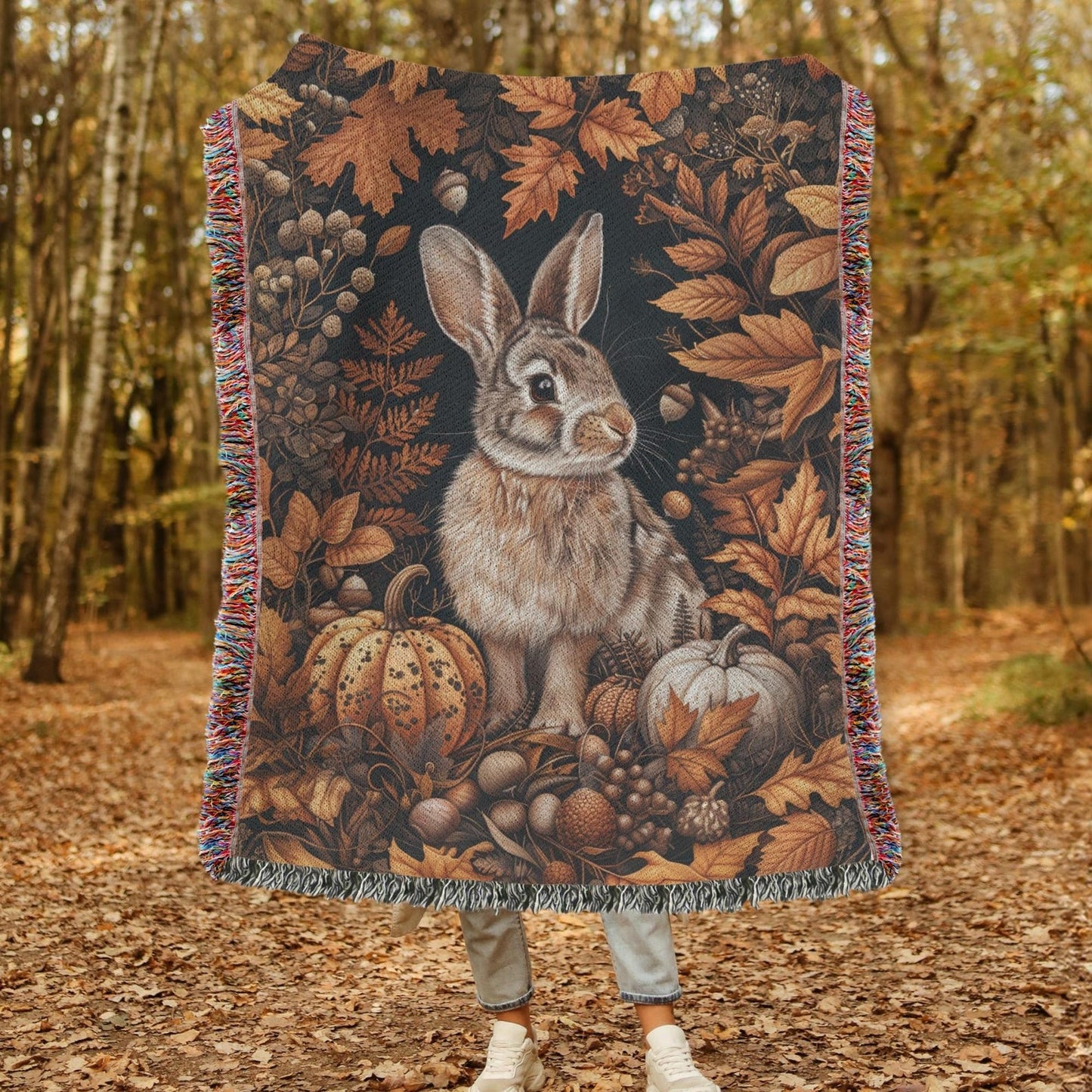 Cotton Woven Blanket, Bunny Fall Forest Cozy Home Decor, William Morris Inspired Throw, Autumn Lap Blanket, Soft Sofa Cover