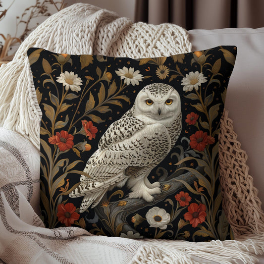 William Morris Inspired Snowy Owl Winter Botanicals Home Decor Pillow