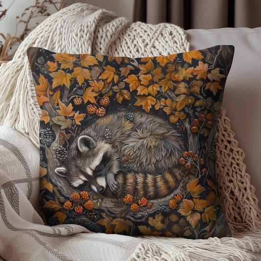 Woodland Sleeping Raccoon Pillow, Decorative Fall Cushion, William Morris Inspired Home Decor Ancient Fall Forest Theme
