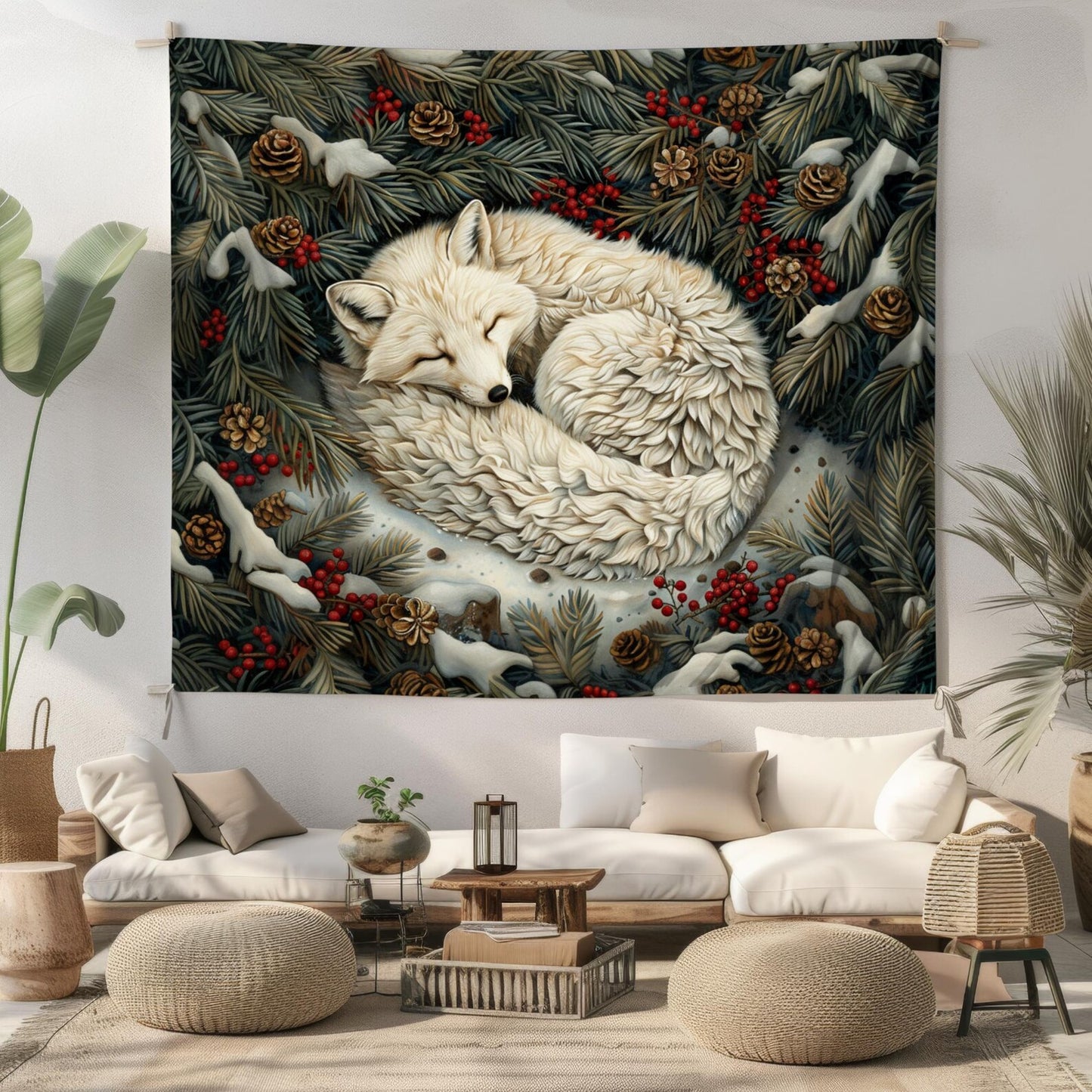 Tapestry of Art Deco Winter Arctic Fox, William Morris Inspired Decorative Indoor Wall Tapestries, Cozy Home Decor