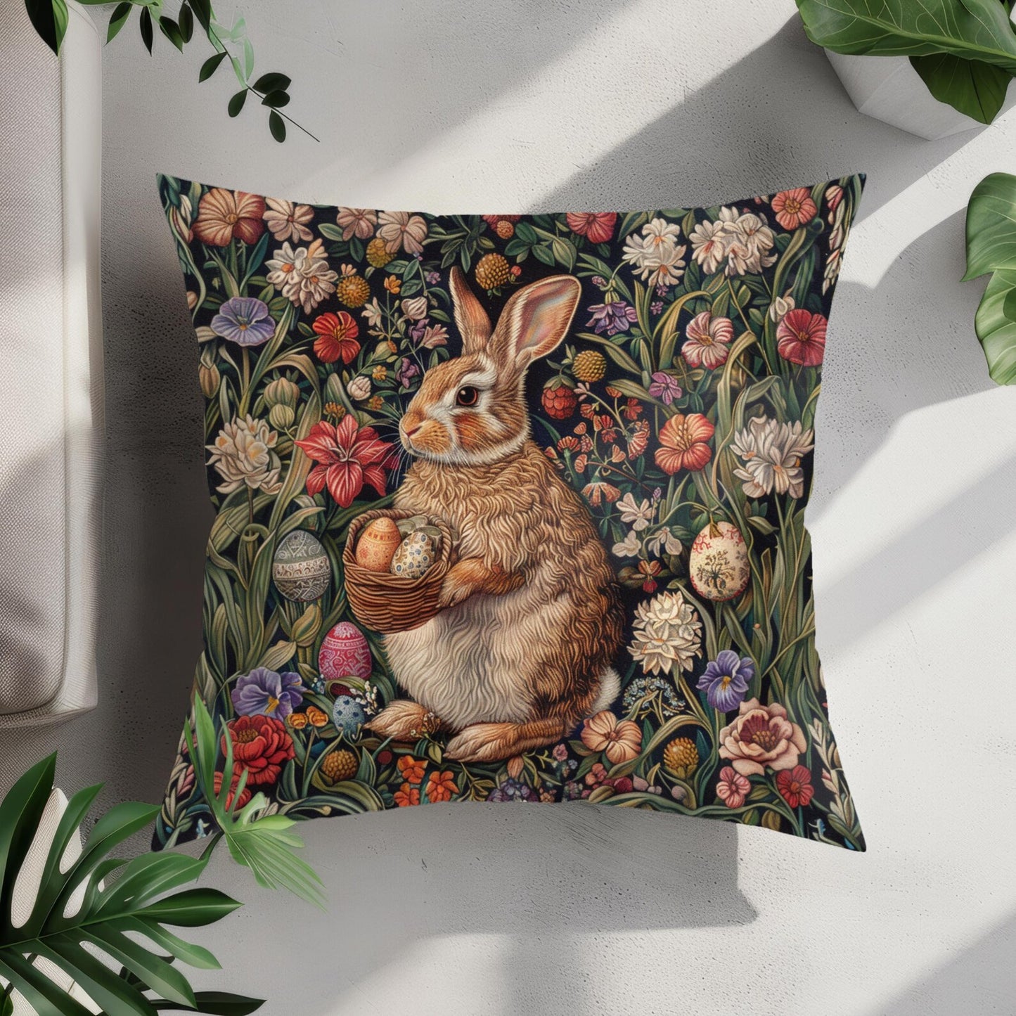 William Morris Inspired Easter Bunny Forest Florals Square Pillow, Throw Pillow, Home Decor, Accent Pillow, Easter Decor