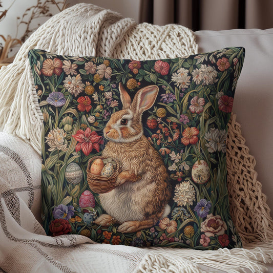 William Morris Inspired Easter Bunny Forest Florals Square Pillow, Throw Pillow, Home Decor, Accent Pillow, Easter Decor