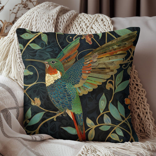 Art Nouveau Vibrant Hummingbird Pillow, Nature-inspired Home Decor, Throw Pillow for Living Room, Garden Party Gift, Colorful Cushion