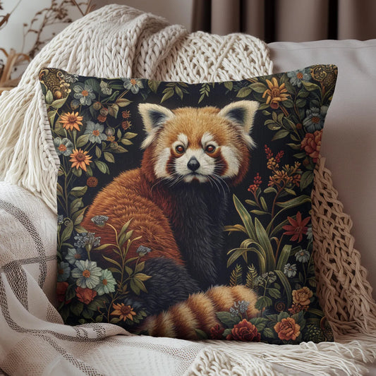 Red Panda Throw Pillow: William Morris Rustic Floral Accent Cushion