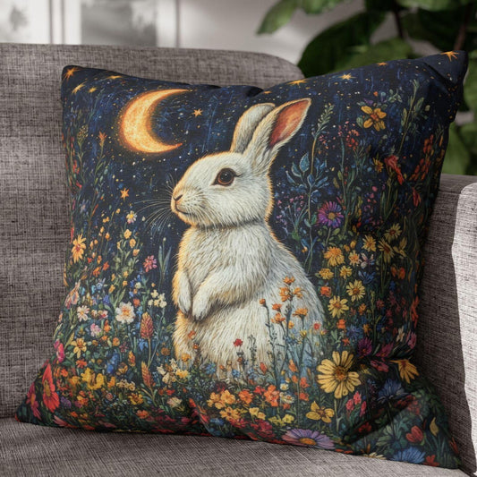 Rabbit Moon Wildflowers William Morris Inspired Pillow, Living Room Decor, Bunny Cushion Cover, Accent Pillow Bunny