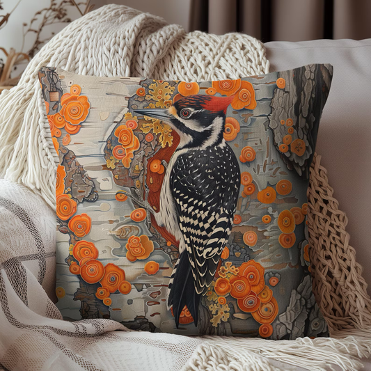 Woodpecker Decorative Pillow, Autumn Woodland Decor, Nature Bird Throw Pillow, Forest Accent Cushion, Cozy Cabin Home Decor