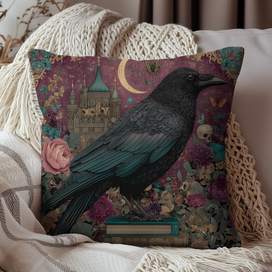 Mystical Raven Gothic Pillow with Floral Castle Art, Spooky Halloween Decor, Dark Academia Throw Pillow