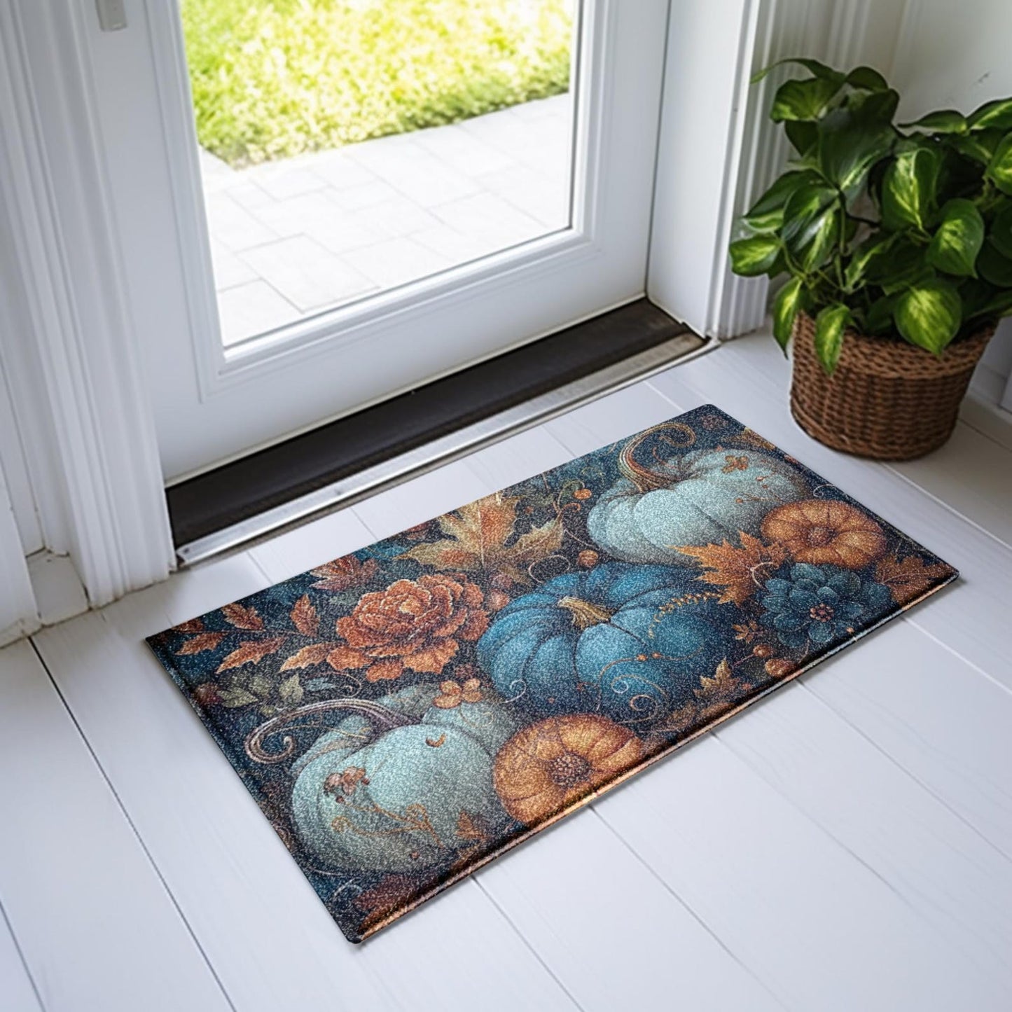 Teal Pumpkin Doormat, Autumn Harvest Entry Rug with Rustic Florals and Fall Leaves, Seasonal Indoor Outdoor Mat