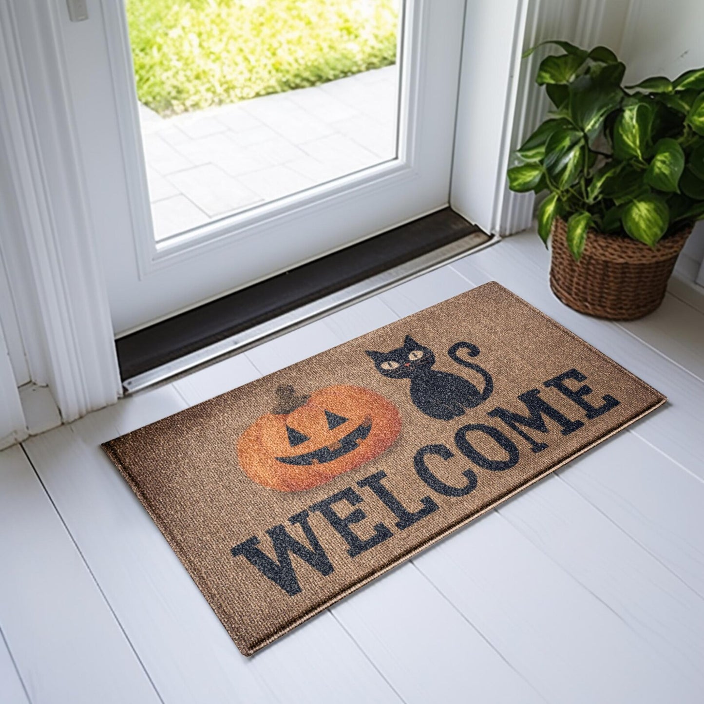 Halloween Welcome Doormat, Pumpkin & Black Cat Entry Rug, Spooky Cute Fall Decor, Indoor Outdoor Mat