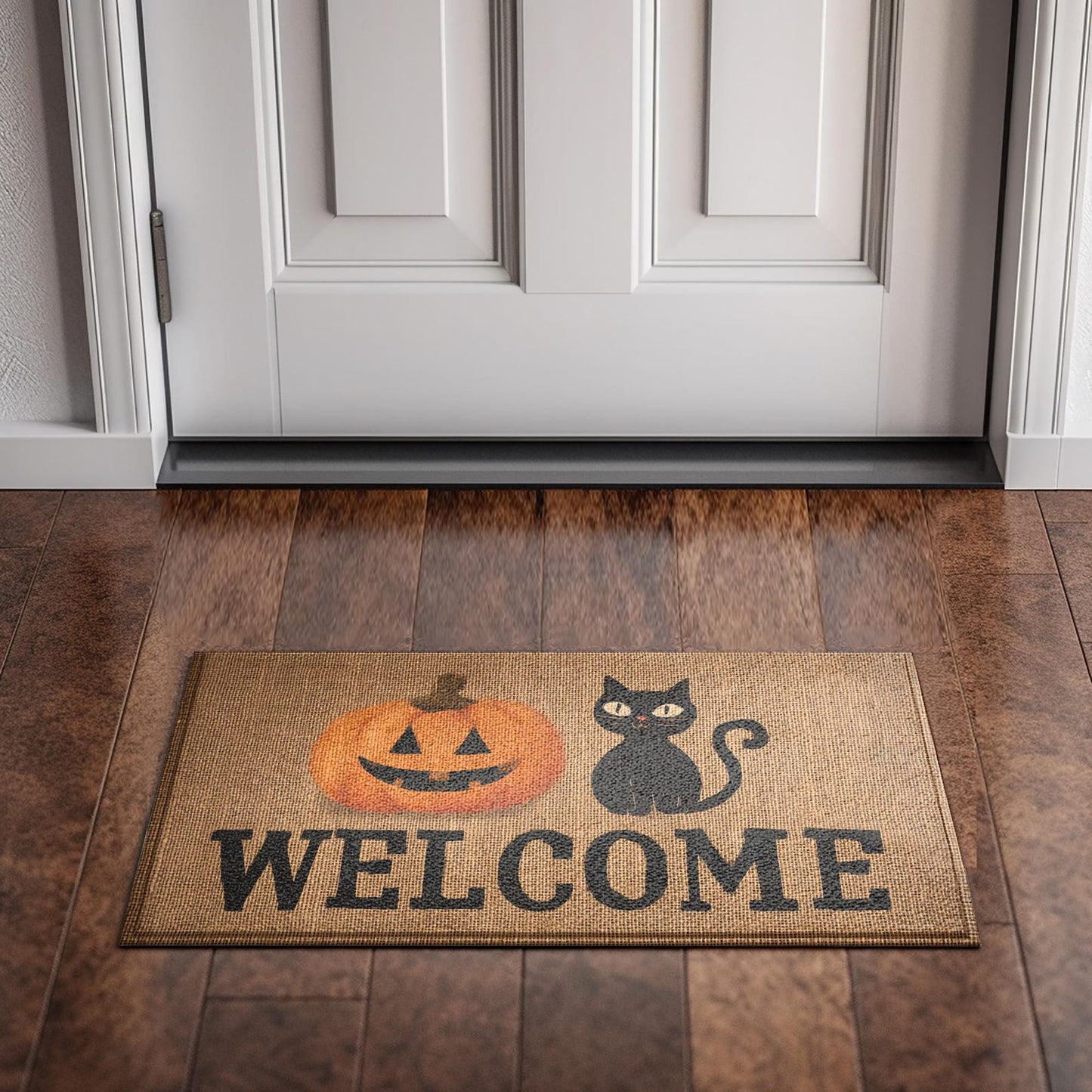 Halloween Welcome Doormat, Pumpkin & Black Cat Entry Rug, Spooky Cute Fall Decor, Indoor Outdoor Mat