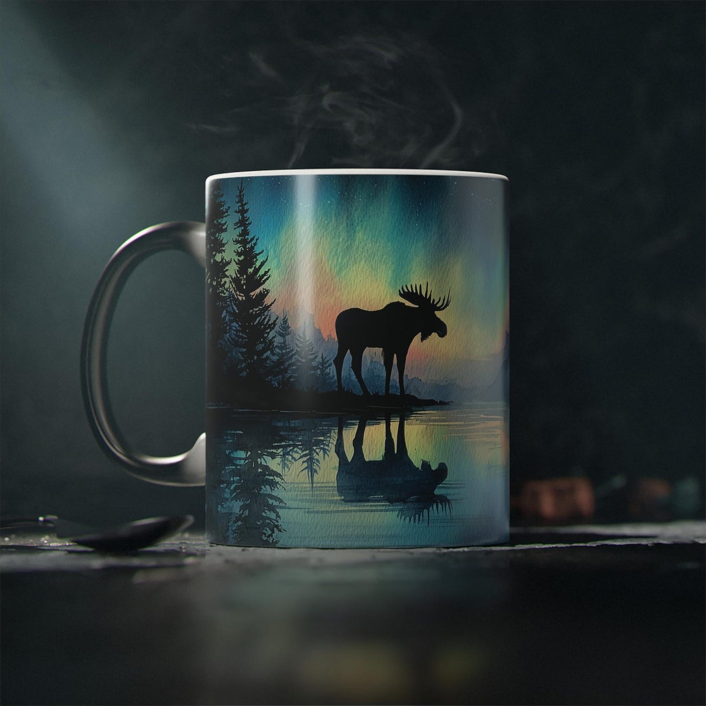 Northern Lights Moose Color-Changing Mug, Watercolor Art Style, Heat Reveal Coffee Cup 11oz