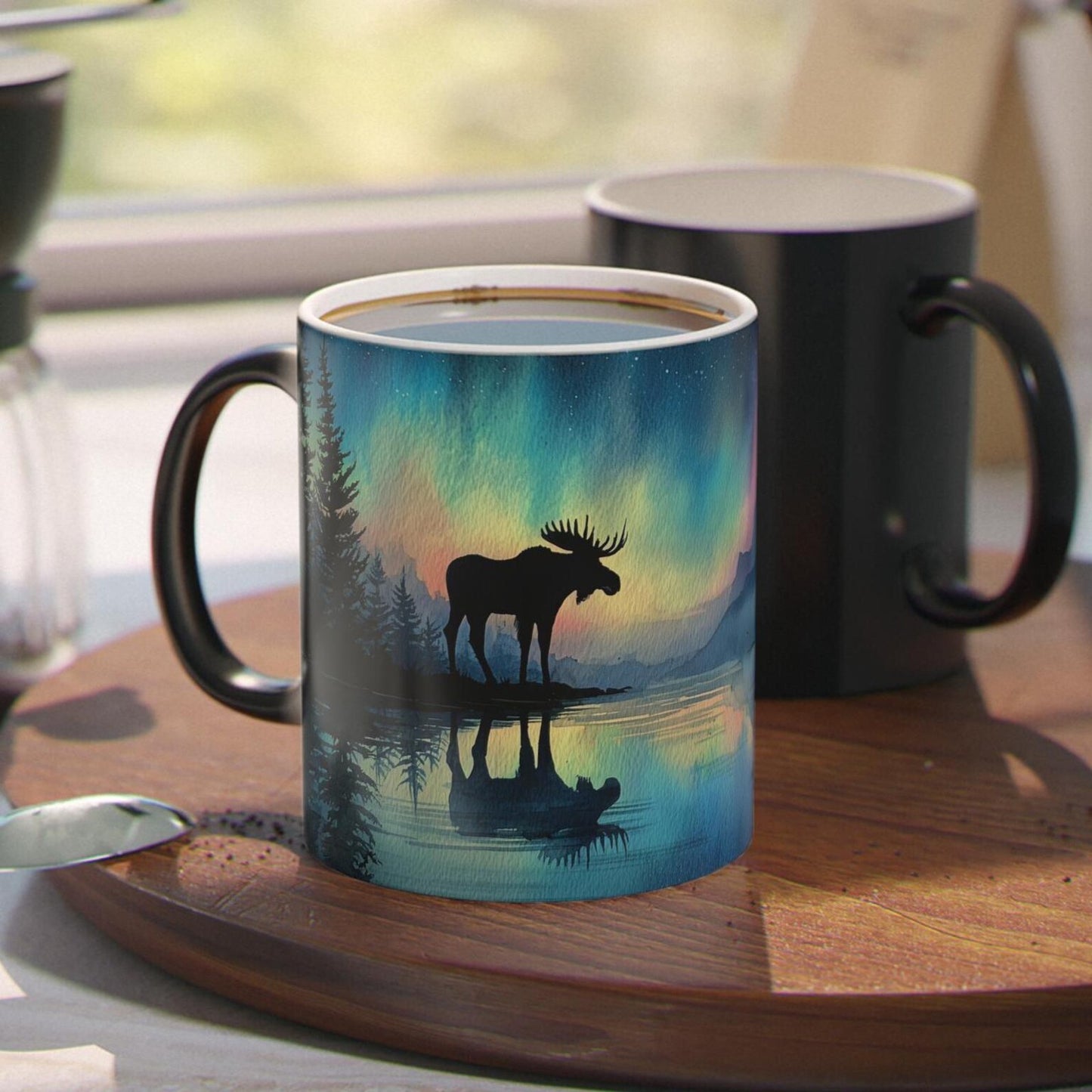Northern Lights Moose Color-Changing Mug, Watercolor Art Style, Heat Reveal Coffee Cup 11oz