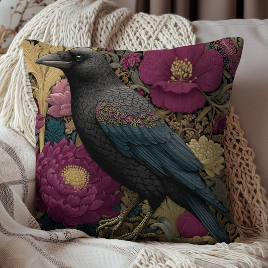 Elegant Raven & Peony Floral Pillow, Gothic Dark Academia Throw Pillow, Bohemian Raven Pillow, Gothic Home Decor, Gift for Bird Lovers