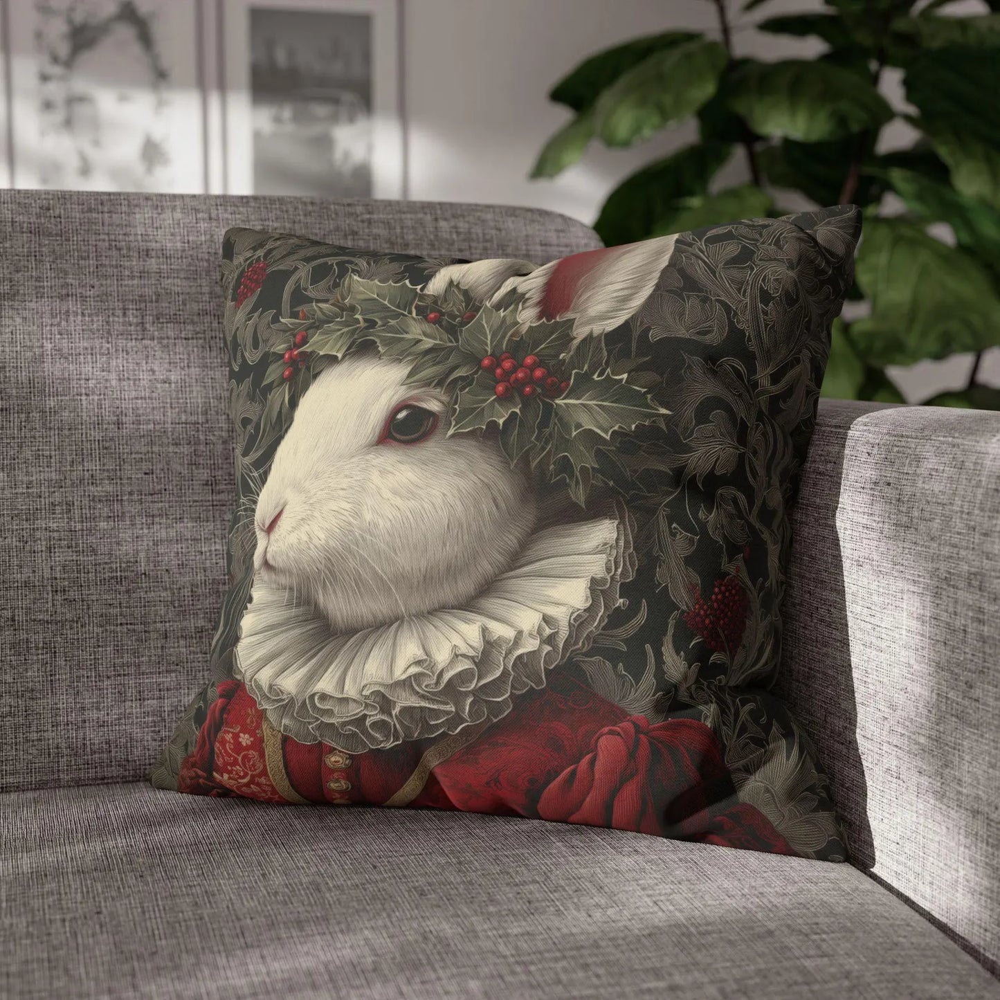 Pillowcase Christmas Rabbit Holiday Bunny, William Morris Inspired Festive Animal Throw Pillowcase