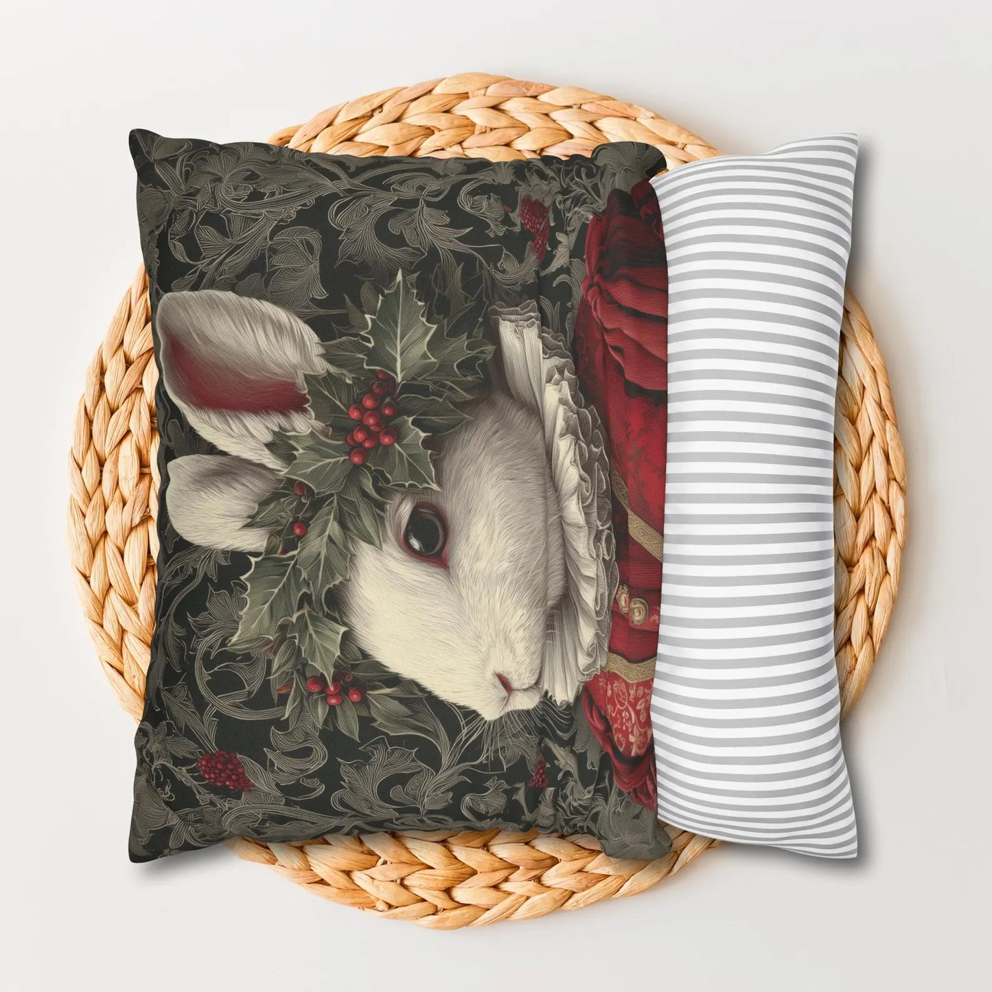 Pillowcase Christmas Rabbit Holiday Bunny, William Morris Inspired Festive Animal Throw Pillowcase