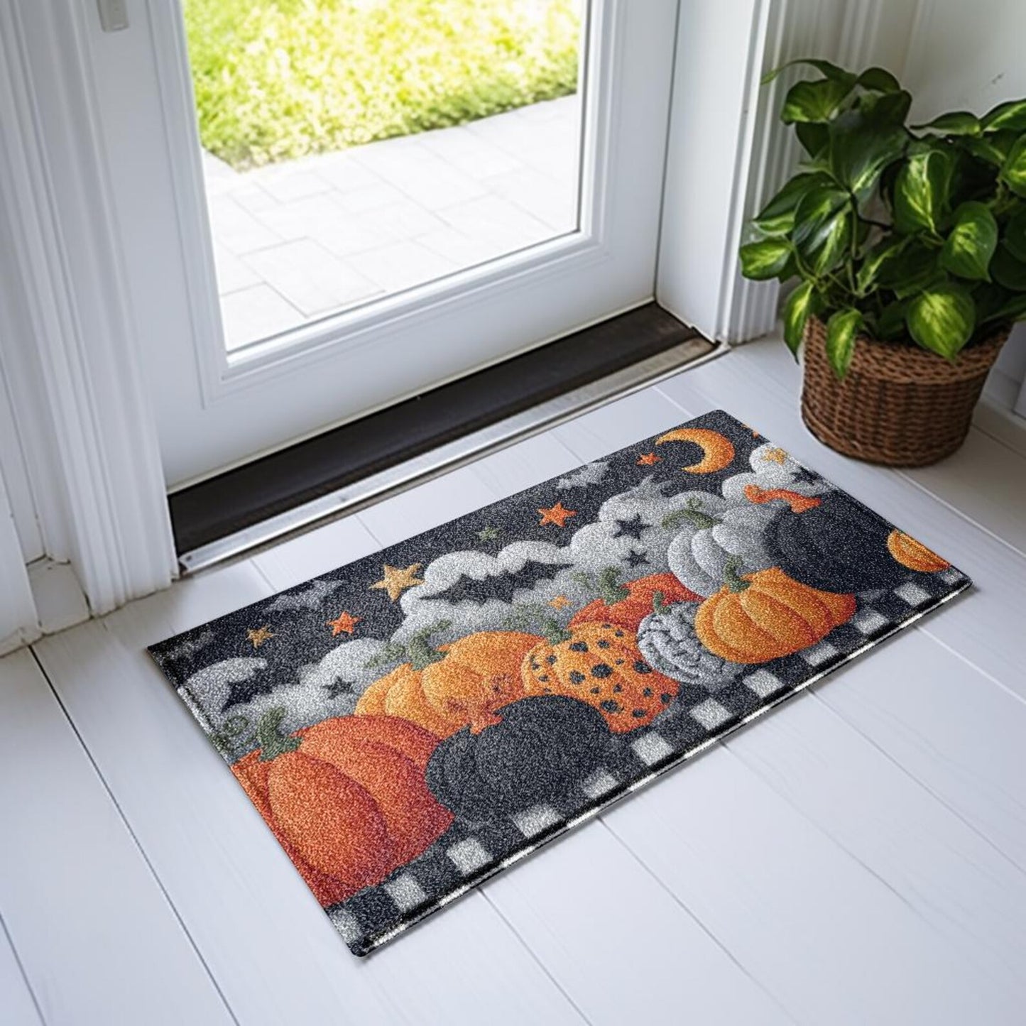 Halloween Pumpkin Doormat, Spooky Fall Entry Rug with Bats, Stars, and Checkerboard Border, Indoor Outdoor Mat