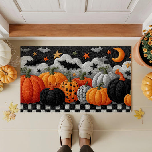 Halloween Pumpkin Doormat, Spooky Fall Entry Rug with Bats, Stars, and Checkerboard Border, Indoor Outdoor Mat
