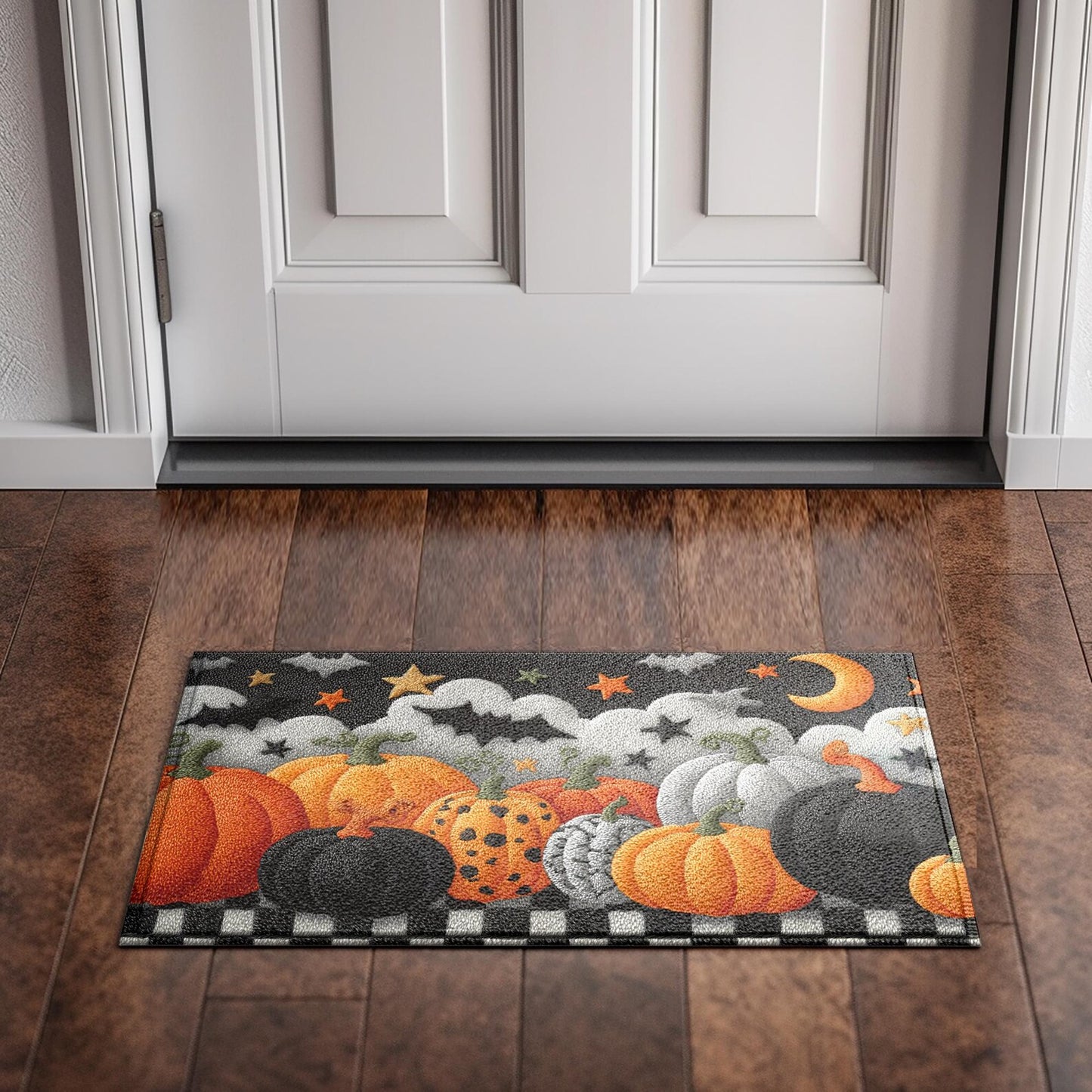 Halloween Pumpkin Doormat, Spooky Fall Entry Rug with Bats, Stars, and Checkerboard Border, Indoor Outdoor Mat