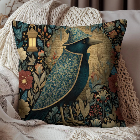 Gothic Crow Cushion, William Morris Inspired Witchy Bird Throw Pillow for Cottagecore & Dark Academia Décor