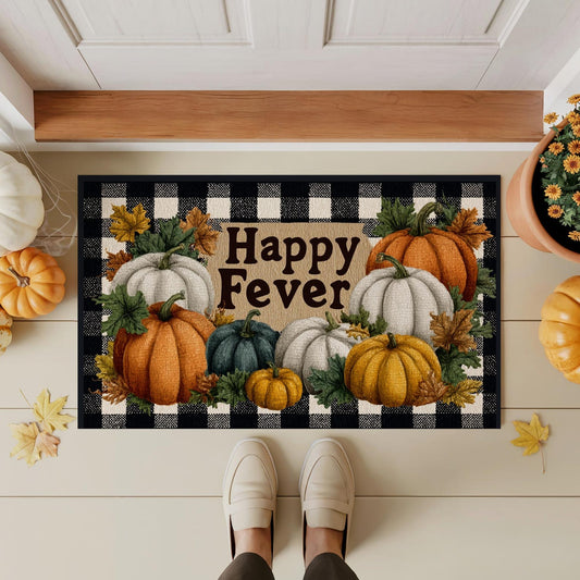 Fall Pumpkin Plaid Doormat, Rustic Autumn Welcome Mat, Indoor/Outdoor Farmhouse Entry Rug